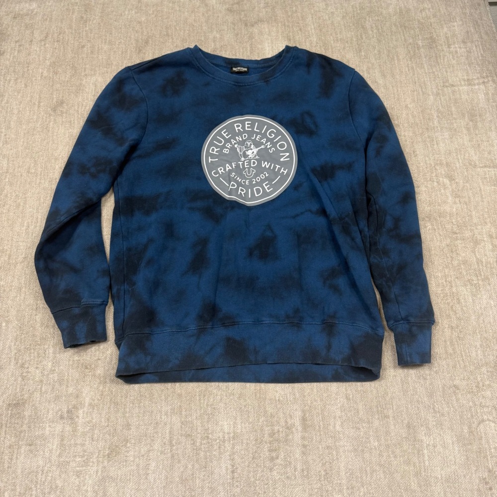 True Religion Crewneck‎ Sweatshirt Mens Medium Blue Tie Dye Logo Graphic